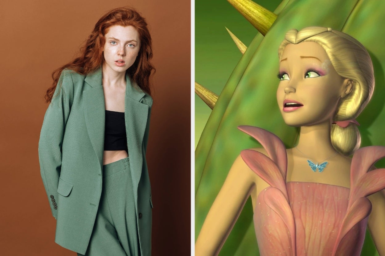 Two images side by side: Person in a stylish suit and crop top; animated character with elaborate floral dress and a small butterfly accessory