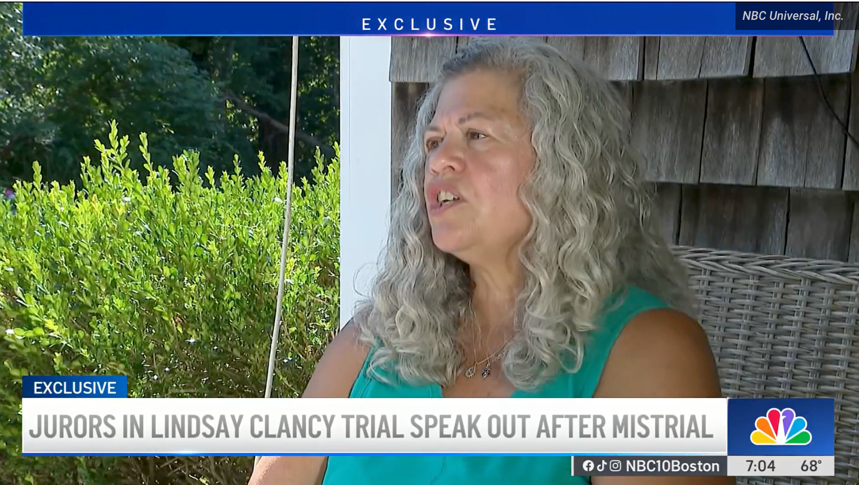 Kvinne med langt, bølget hår diskuterer Lindsay Clancy-rettssaken etter feilrettssaken på NBC10 Boston