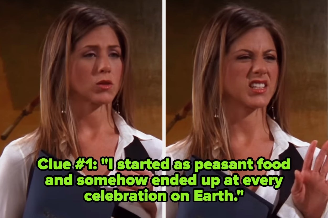 Two images of a person talking animatedly with text: "Clue #1: 'I started as peasant food and somehow ended up at every celebration on Earth.'"