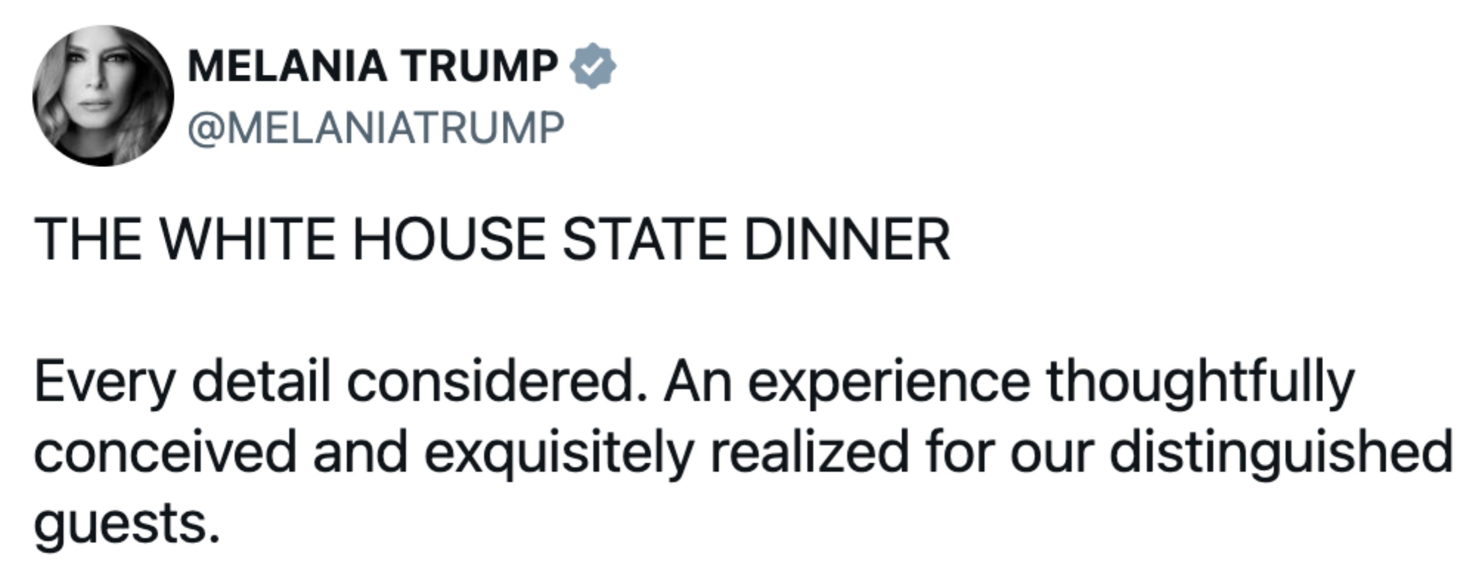 Tweet av Melania Trump om en statlig middag i Det hvite hus, med vekt på detaljer og skaper en utsøkt opplevelse for gjestene