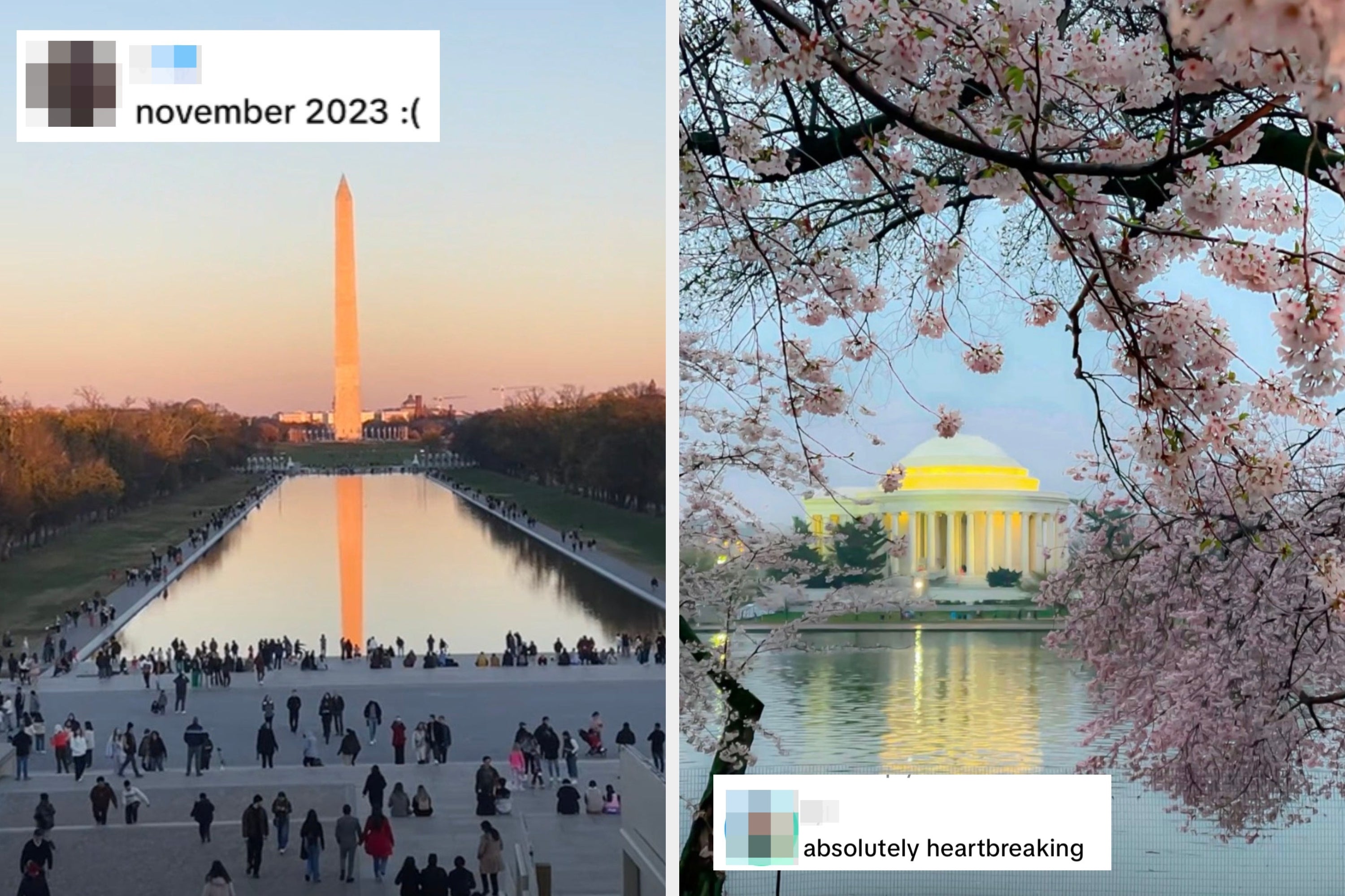 Folk samles i nærheten av det reflekterende bassenget med Washington-monumentet i bakgrunnen ved solnedgang