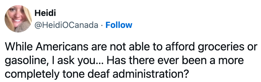 A tweet questioning the affordability of groceries and gasoline in America, criticizing the administration's awareness