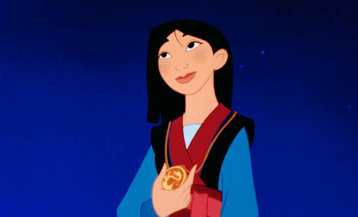 Animated quality  Mulan stands holding a golden  medallion, looking upward thoughtfully, with a bluish  entity  background