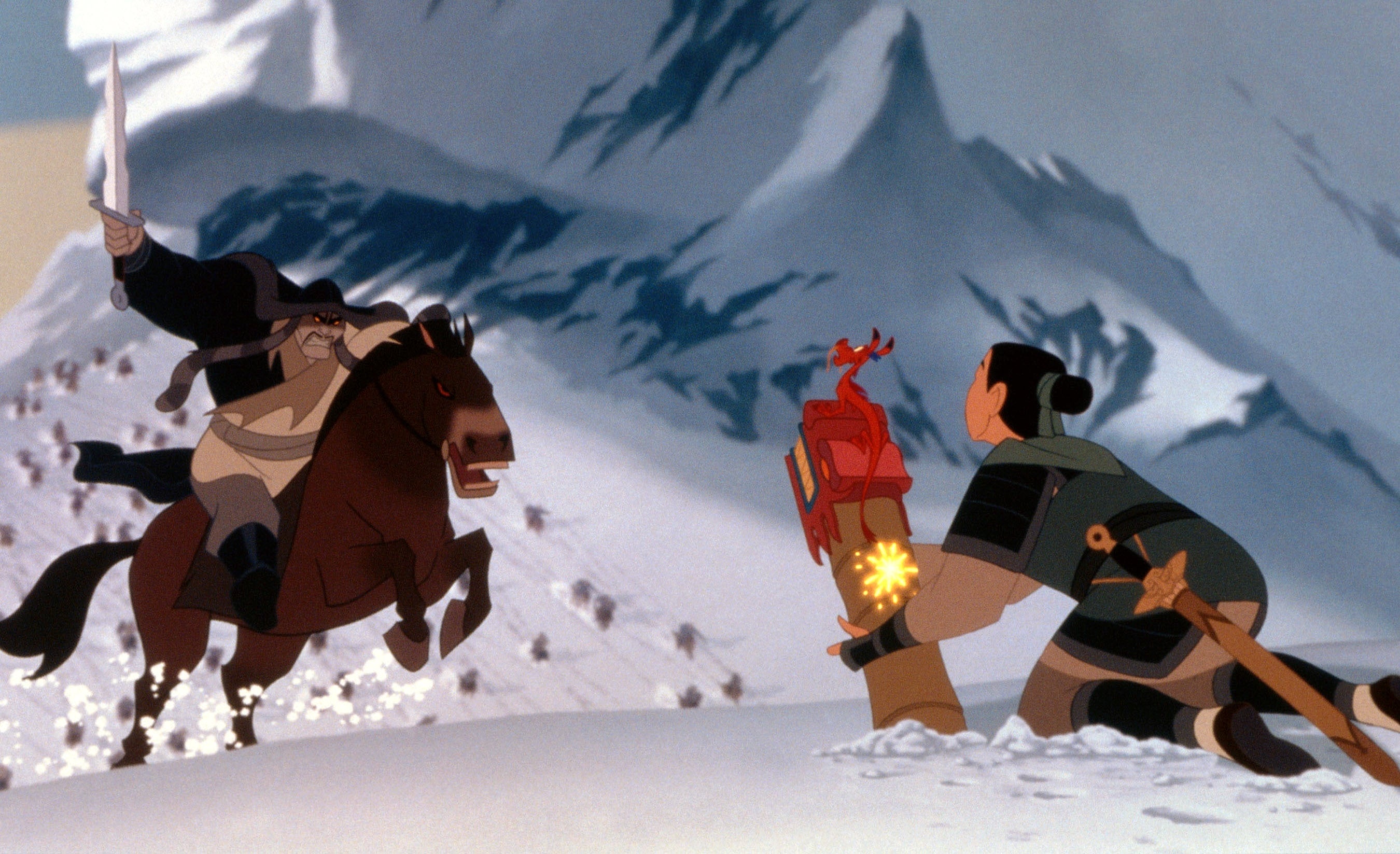 Animated country of a warrior connected horseback charging astatine a kneeling fig holding a agleam object, acceptable successful a snowy mountainous landscape
