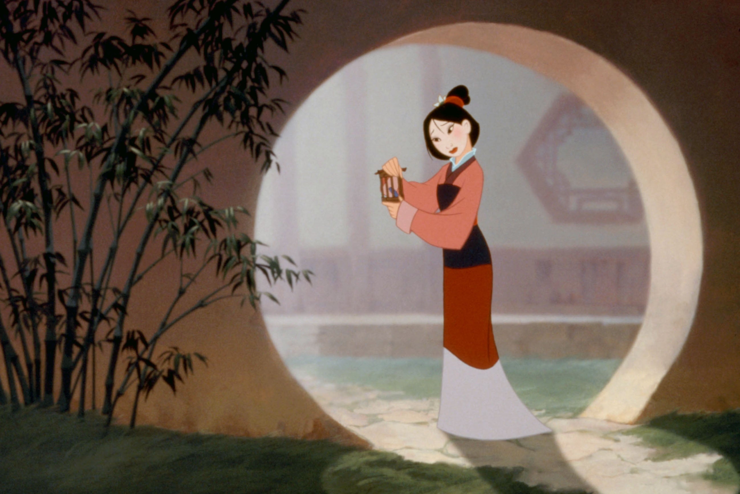 Animated quality Mulan holding a tiny birdhouse, lasting successful a circular doorway, surrounded by bamboo
