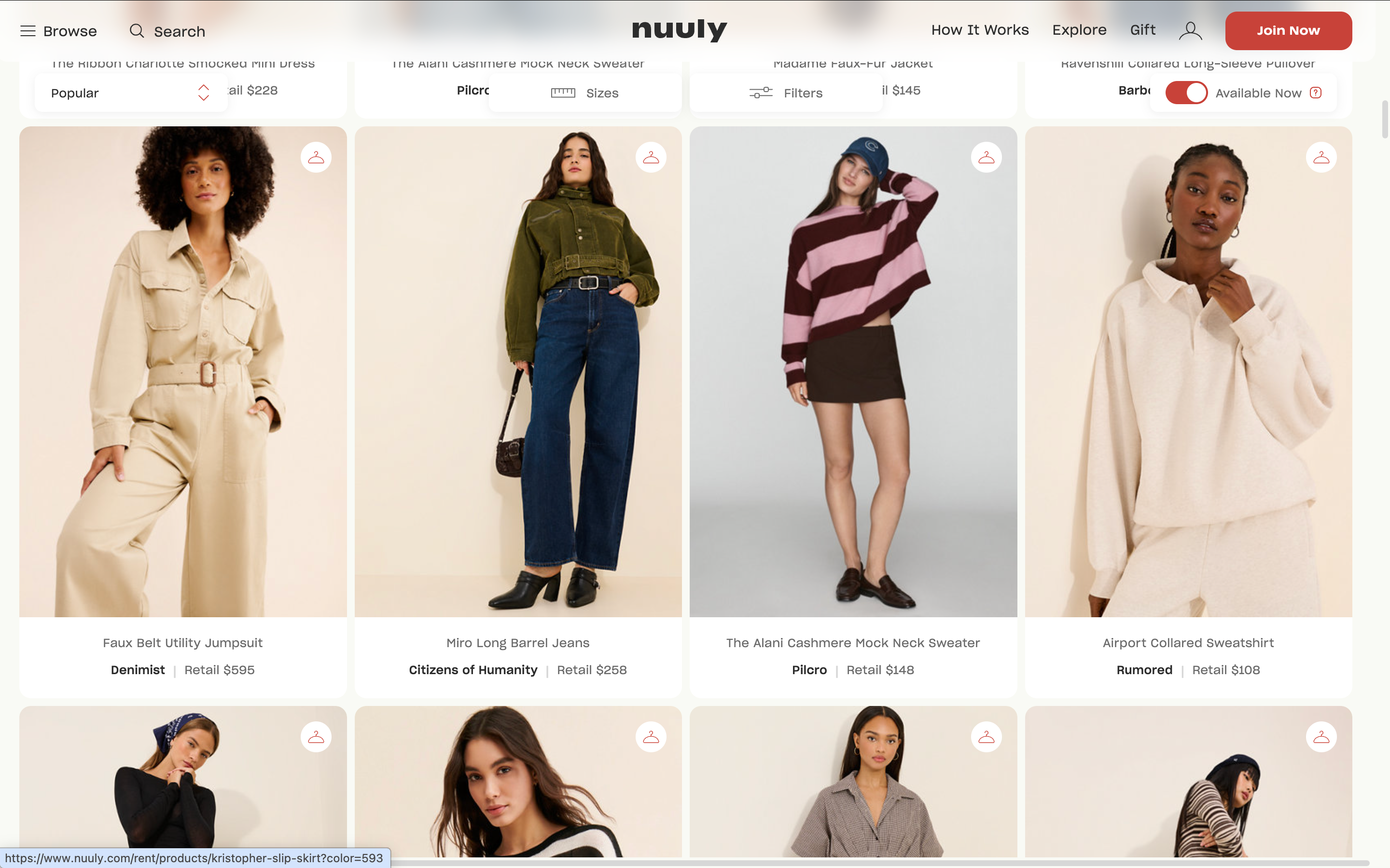 A grid of models showcasing various outfits, including jumpsuits, blouses, jeans, and sweaters, with prices and availability for online shopping