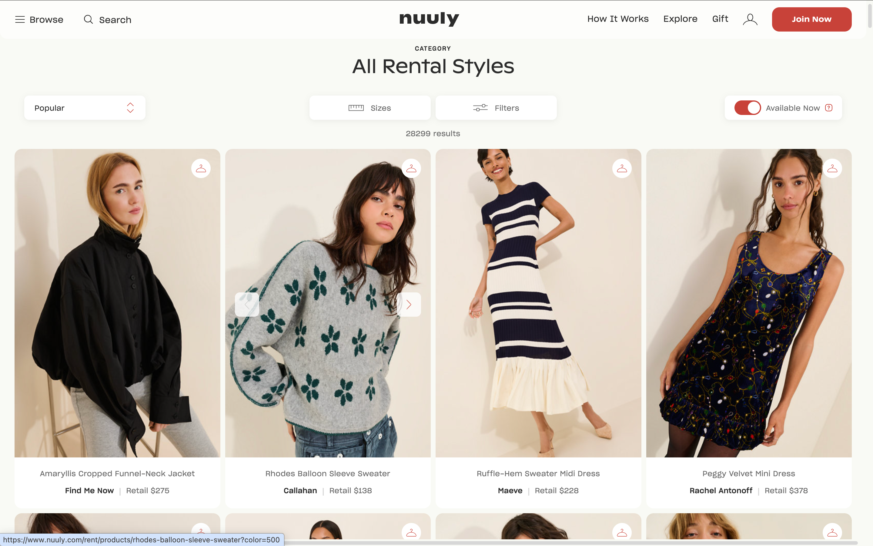 Website showing diverse clothing options, including sweaters and dresses, from the rental category of an online store
