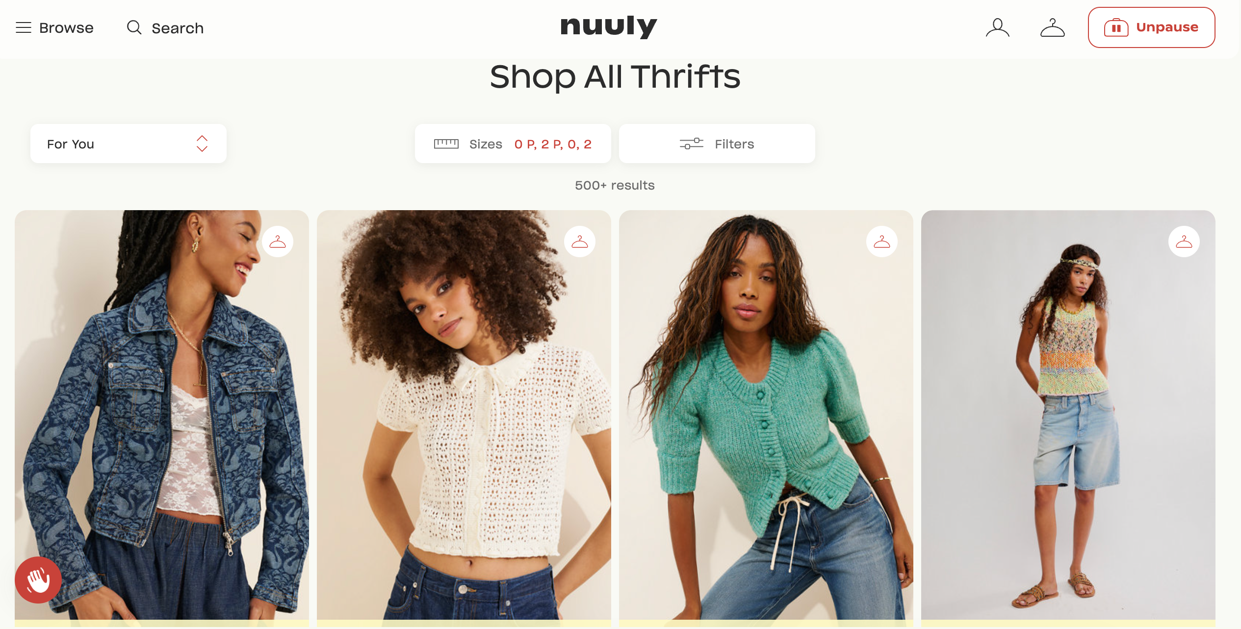 Online clothing shop showing models in various thrift outfits, including jackets, knit tops, and denim