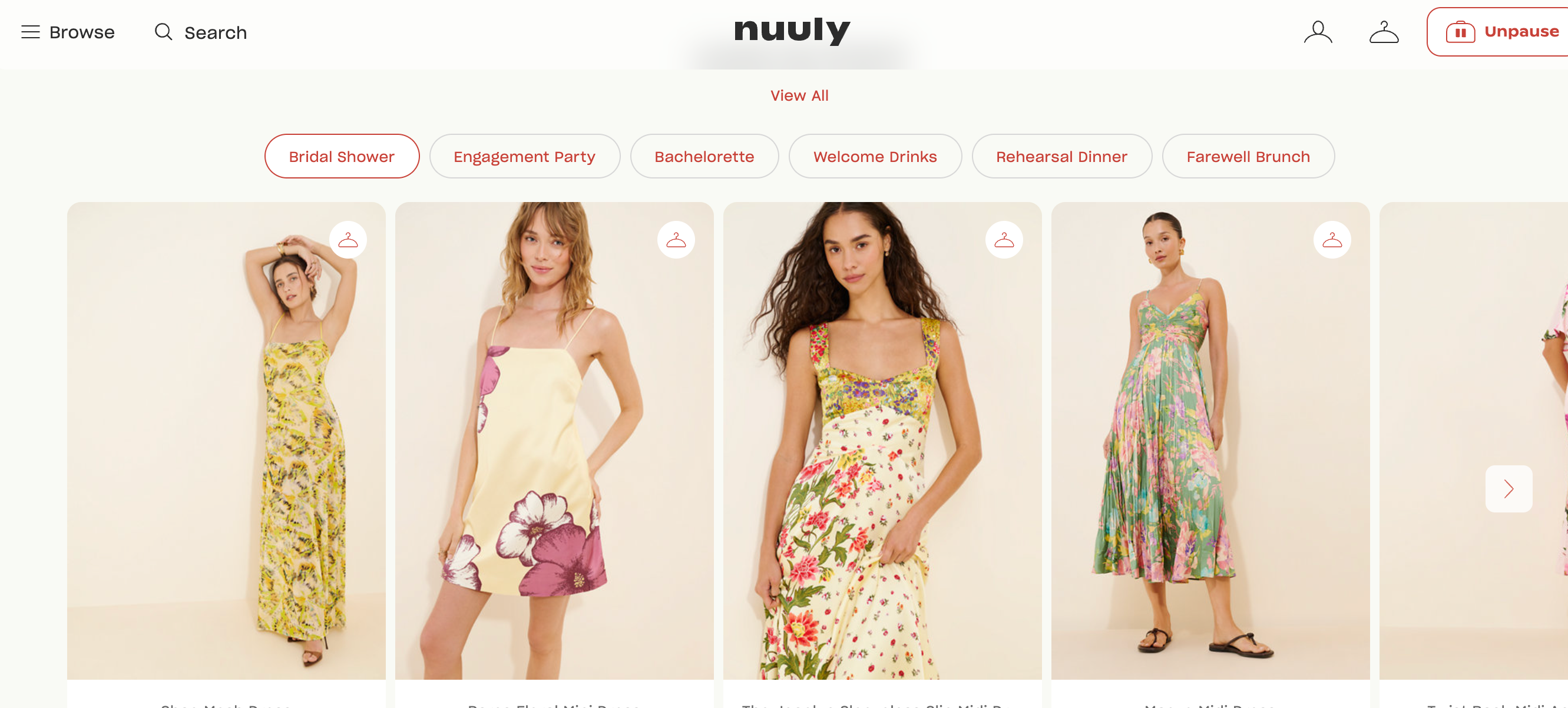 Five women modeling dresses suitable for various events, including bridal shower and rehearsal dinner; styles include floral and patterned designs
