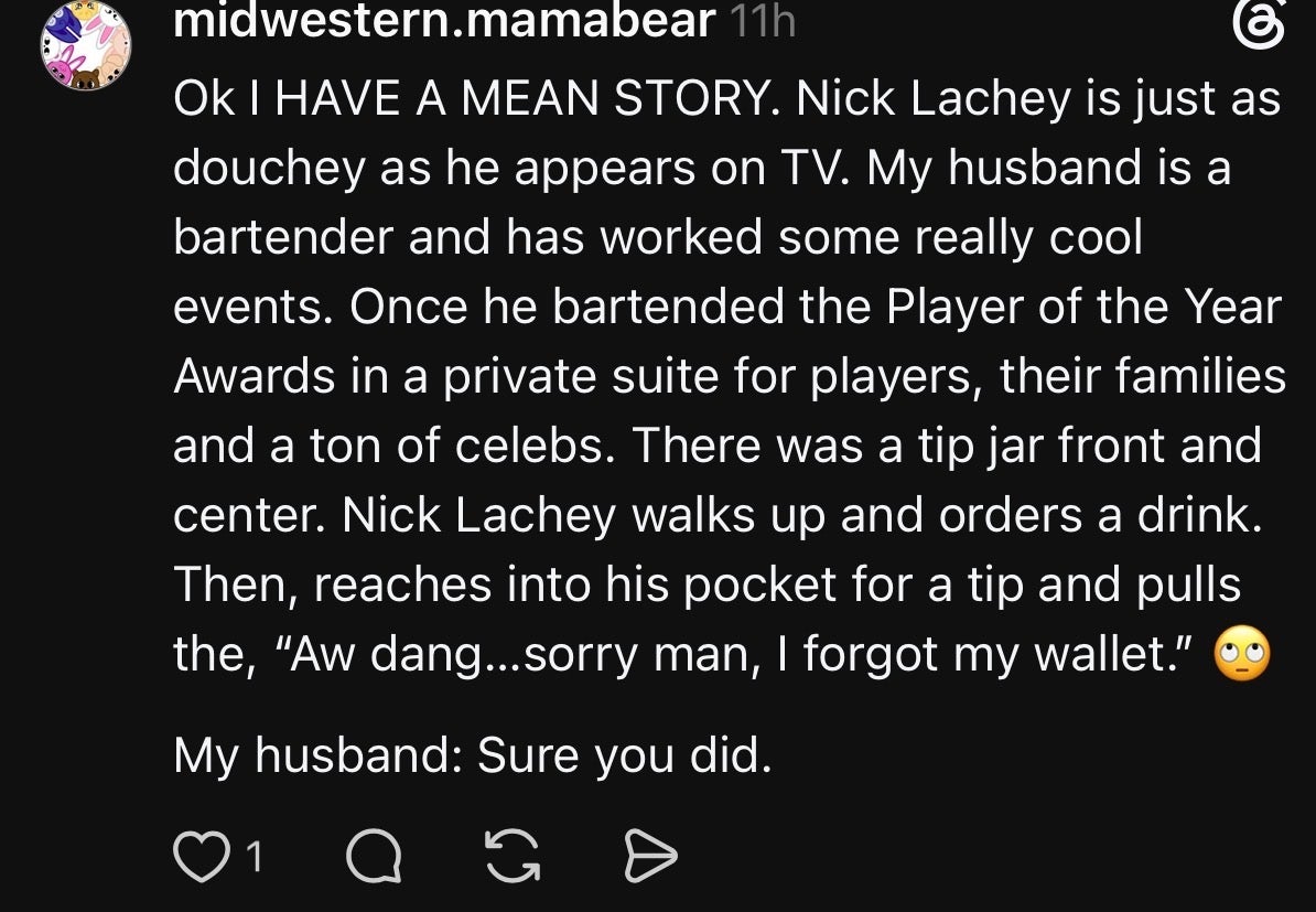 Summary of a social media post alleging Nick Lachey failed to tip a bartender, claiming he forgot his wallet at an event