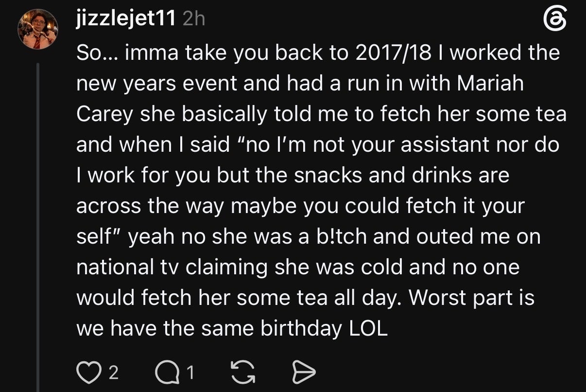 Social media post recounting an interaction with Mariah Carey, where she asked for tea, leading to a dispute. Both share the same birthday
