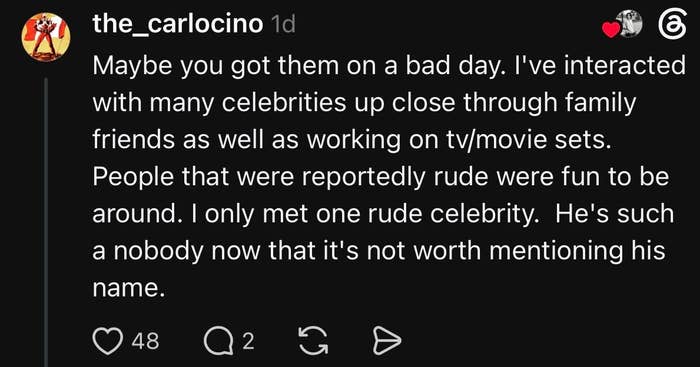 Summary of a social media post where the user discusses that most celebrities they met were pleasant, except for one who is now irrelevant