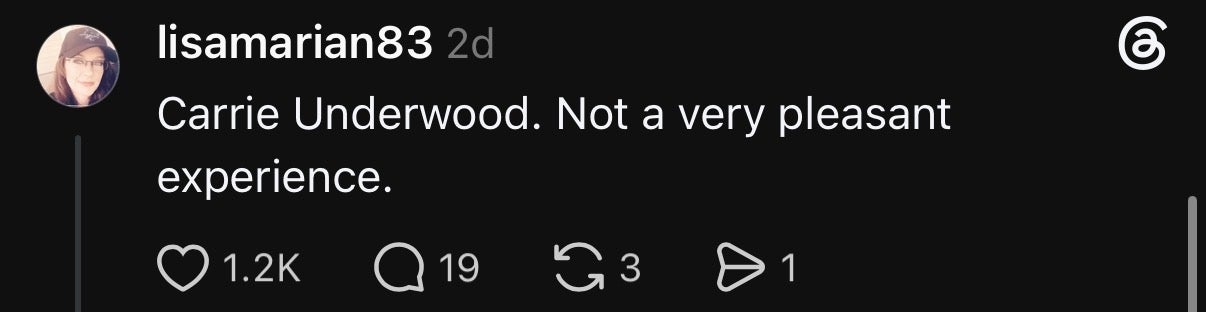 Screenshot of a comment by user lisamarian83: "Carrie Underwood. Not a very pleasant experience."
