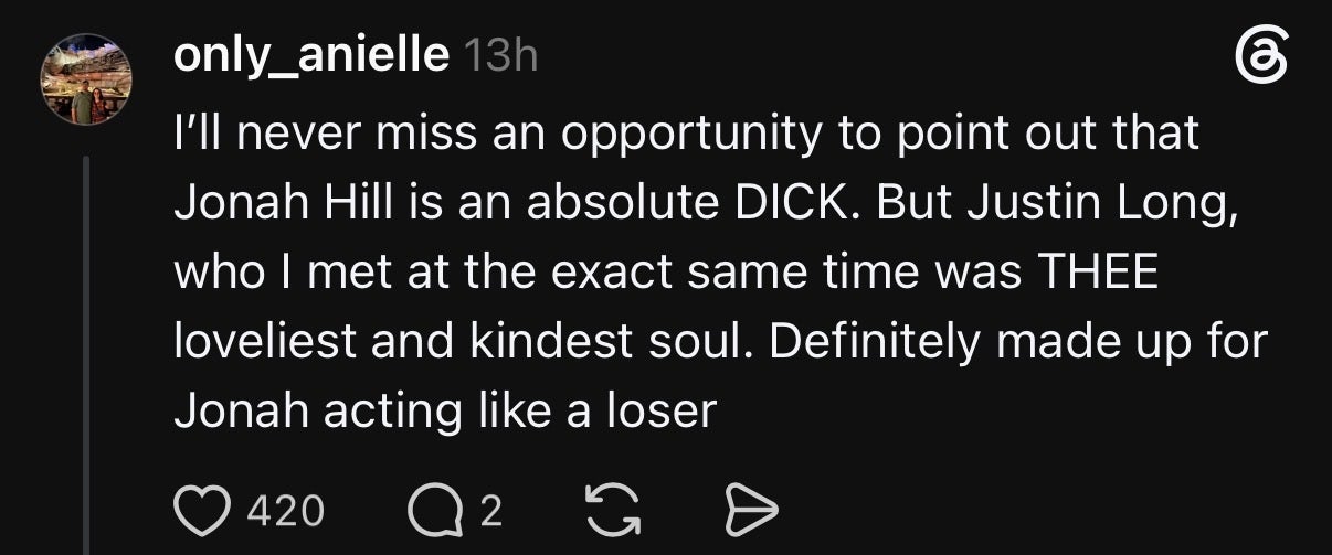 A social media post criticizing Jonah Hill and praising Justin Long for being kind