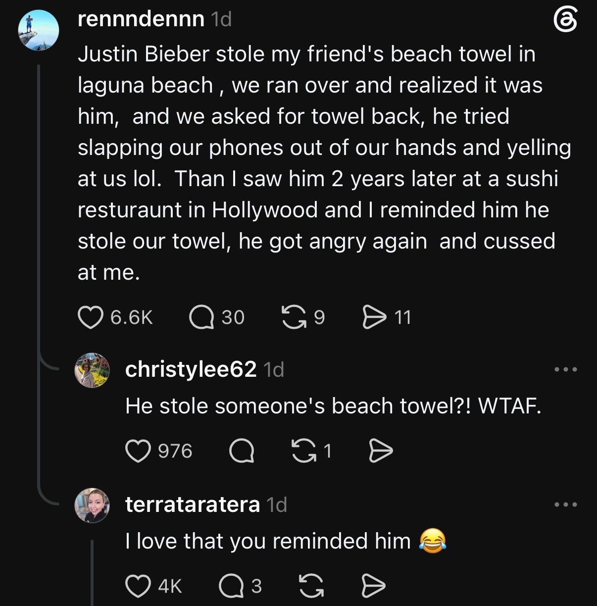 A social media post recounts an encounter where Justin Bieber allegedly stole a beach towel, followed by humorous comments reacting to the story