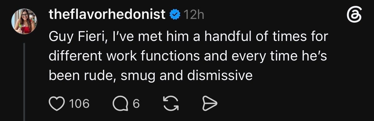 Social media post claims negative experiences with Guy Fieri, describing him as rude, smug, and dismissive at work events