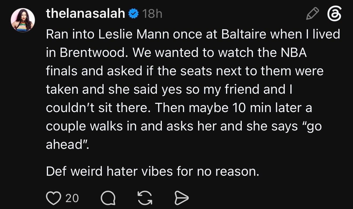 A social media post about an encounter with Leslie Mann at a restaurant where seating confusion led to an awkward situation