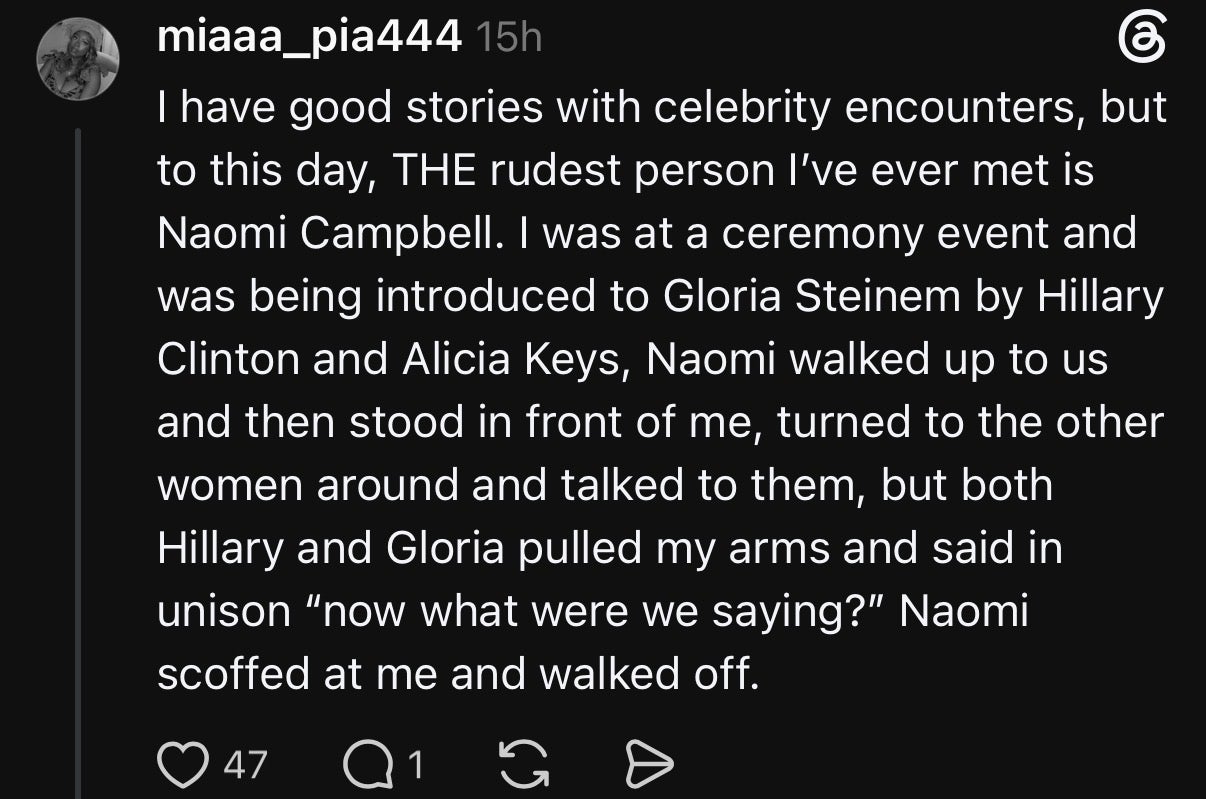 Summary of a social media post describing a negative encounter with Naomi Campbell at an event with Hillary Clinton and Gloria Steinem