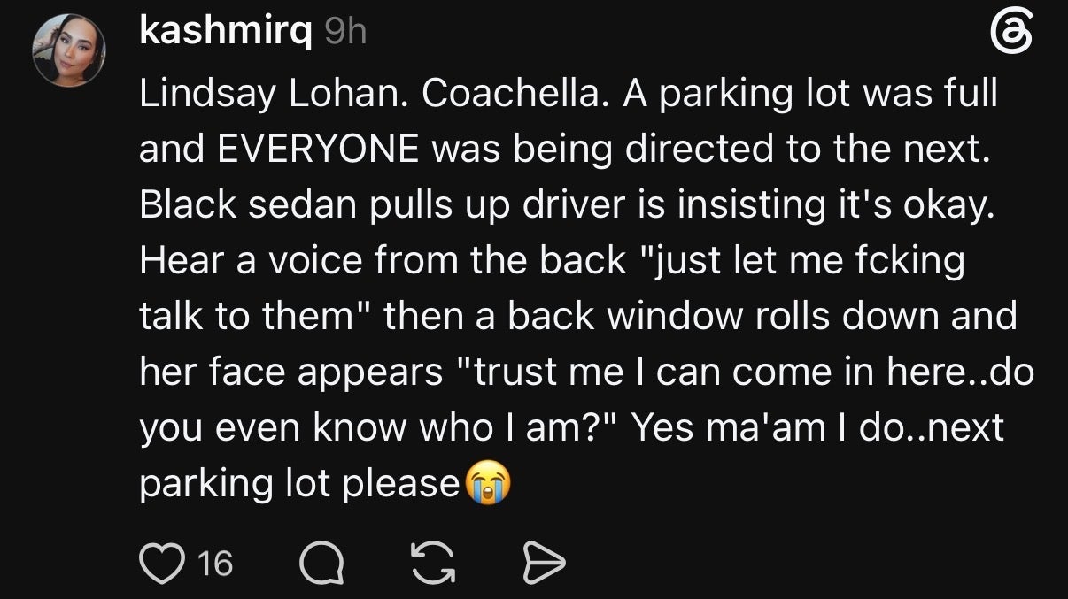 Summary of a social media post describing Lindsay Lohan at Coachella, where a driver insists on parking despite being directed elsewhere