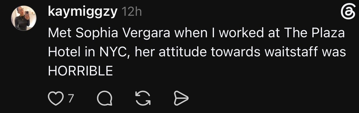 Social media post alleging that Sophia Vergara was rude to waitstaff at the Plaza Hotel in NYC
