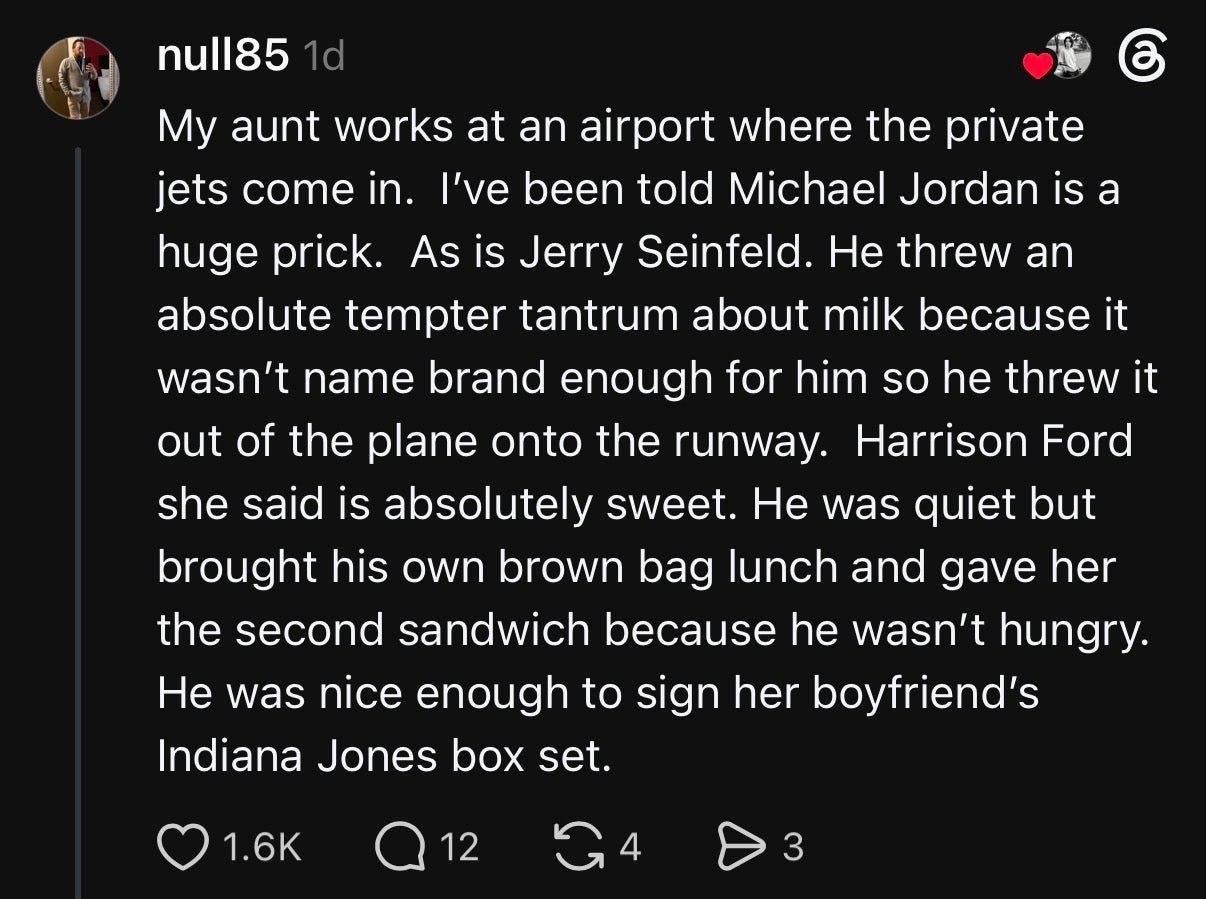 Summary of text: The post humorously describes celebrity interactions at an airport. Michael Jordan and Jerry Seinfeld are portrayed negatively, while Harrison Ford is depicted as sweet and accommodating