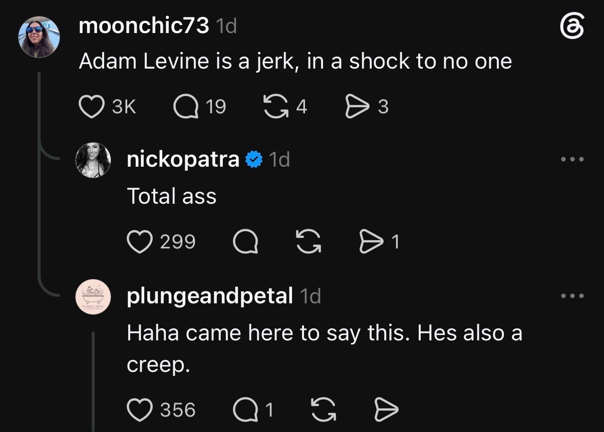 Social media comments criticizing Adam Levine's behavior, calling him a jerk and a creep
