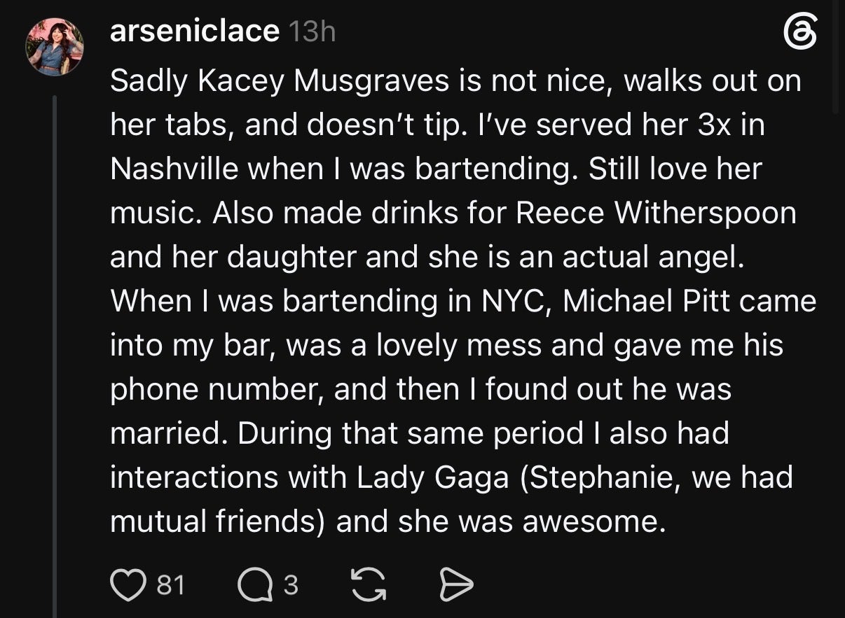 Summary of text: A bartender shares encounters with celebrities: claims about Kacey Musgraves not tipping, serving Reece Witherspoon, and meeting Michael Pitt and Lady Gaga