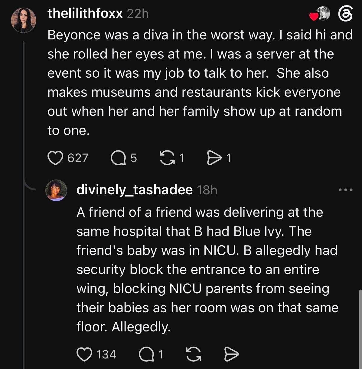Two social media comments discussing negative encounters with a celebrity, including behavior at events and a hospital scenario, with allegations