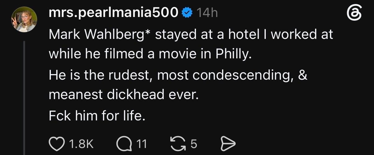 Tweet venting about a negative experience with Mark Wahlberg at a hotel