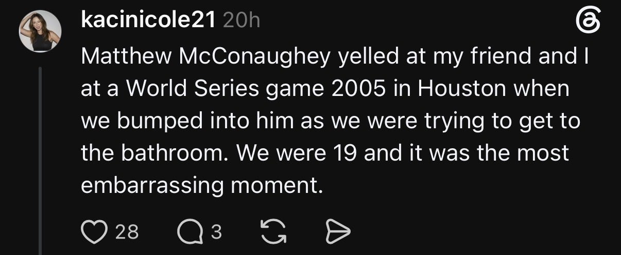 Social media post describing an encounter with Matthew McConaughey at a 2005 World Series game in Houston