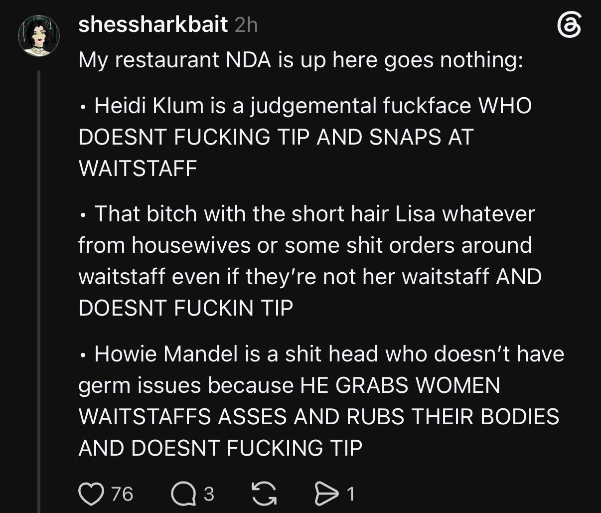 Screenshot of a social media post alleging inappropriate behavior by named individuals towards restaurant staff, including not tipping
