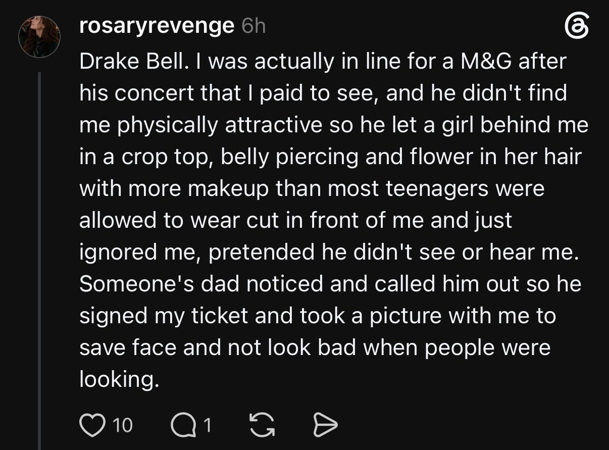 Summary of text: The person describes being ignored by Drake Bell at a meet and greet, feeling slighted after he engaged with a girl nearby instead