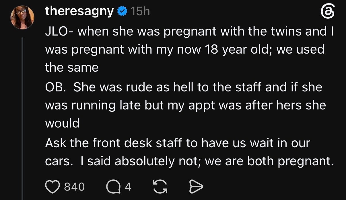Social media post recounting an experience with JLO and an obstetrician, highlighting a demand to wait in cars, despite both being pregnant