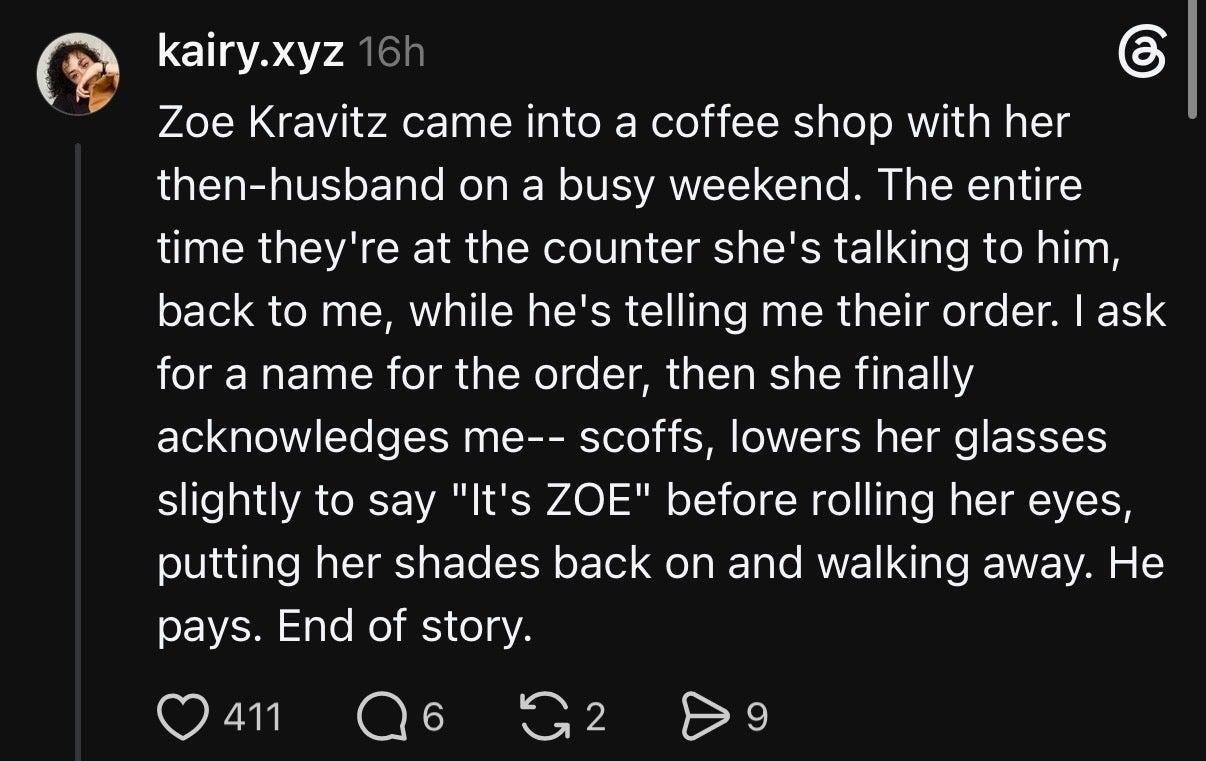 Summary of text: The post describes an interaction where Zoe Kravitz is at a coffee shop with her then-husband. She's asked for her name, replies with "It's ZOE" while rolling her eyes