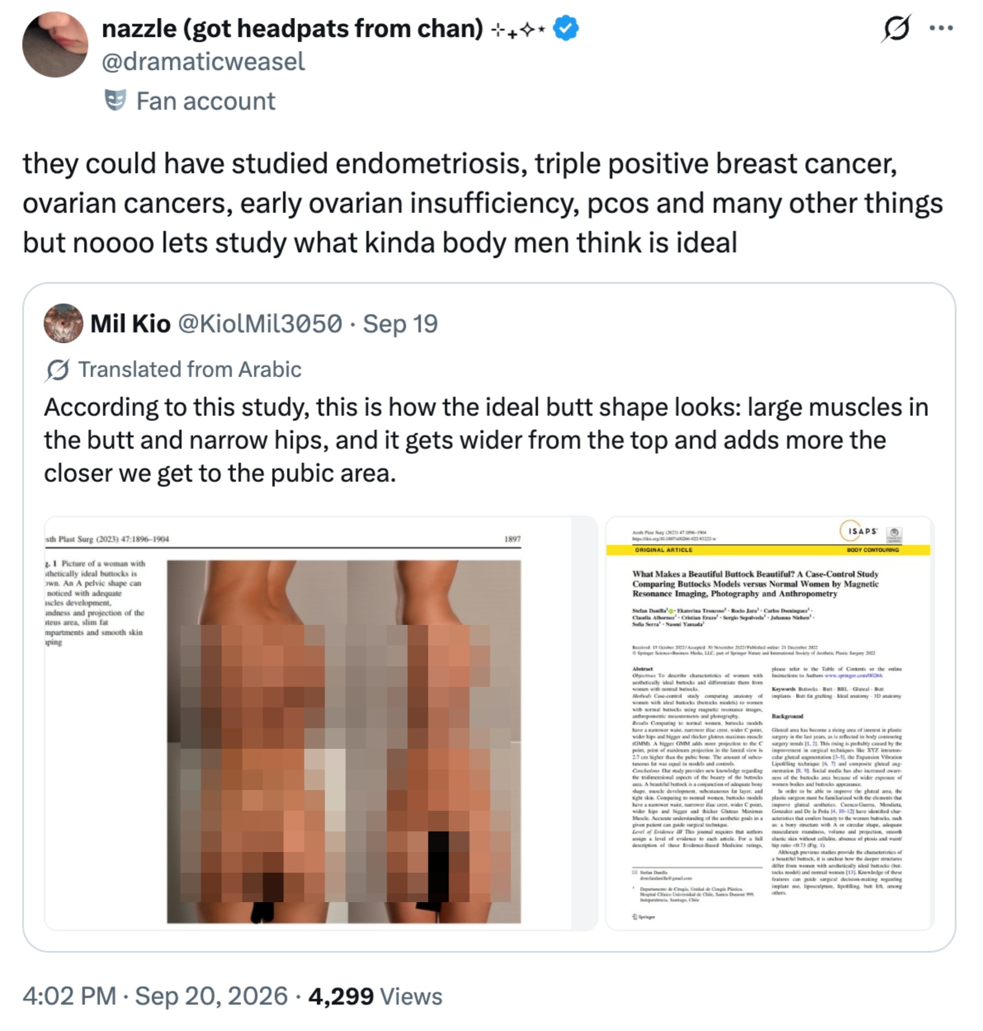 Tweet som diskuterer fokuset til medisinske studier på spesifikke kreftformer og kroppsstandarder, med en artikkel om ideell rumpeform referert til i et bilde