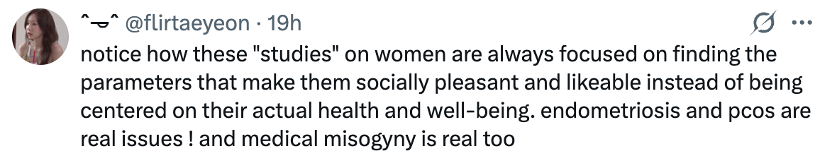 Tweet diskuterer fokus på sosial sympati for kvinner over helseproblemer som endometriose, PCOS og medisinsk kvinnehat