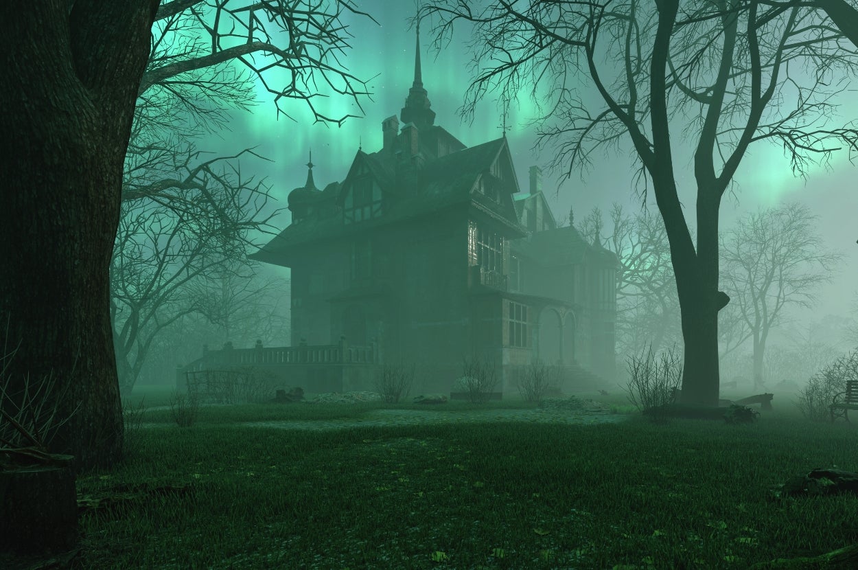 Spooky, misty scene of an old, gothic mansion surrounded by trees under a glowing sky, evoking an eerie atmosphere