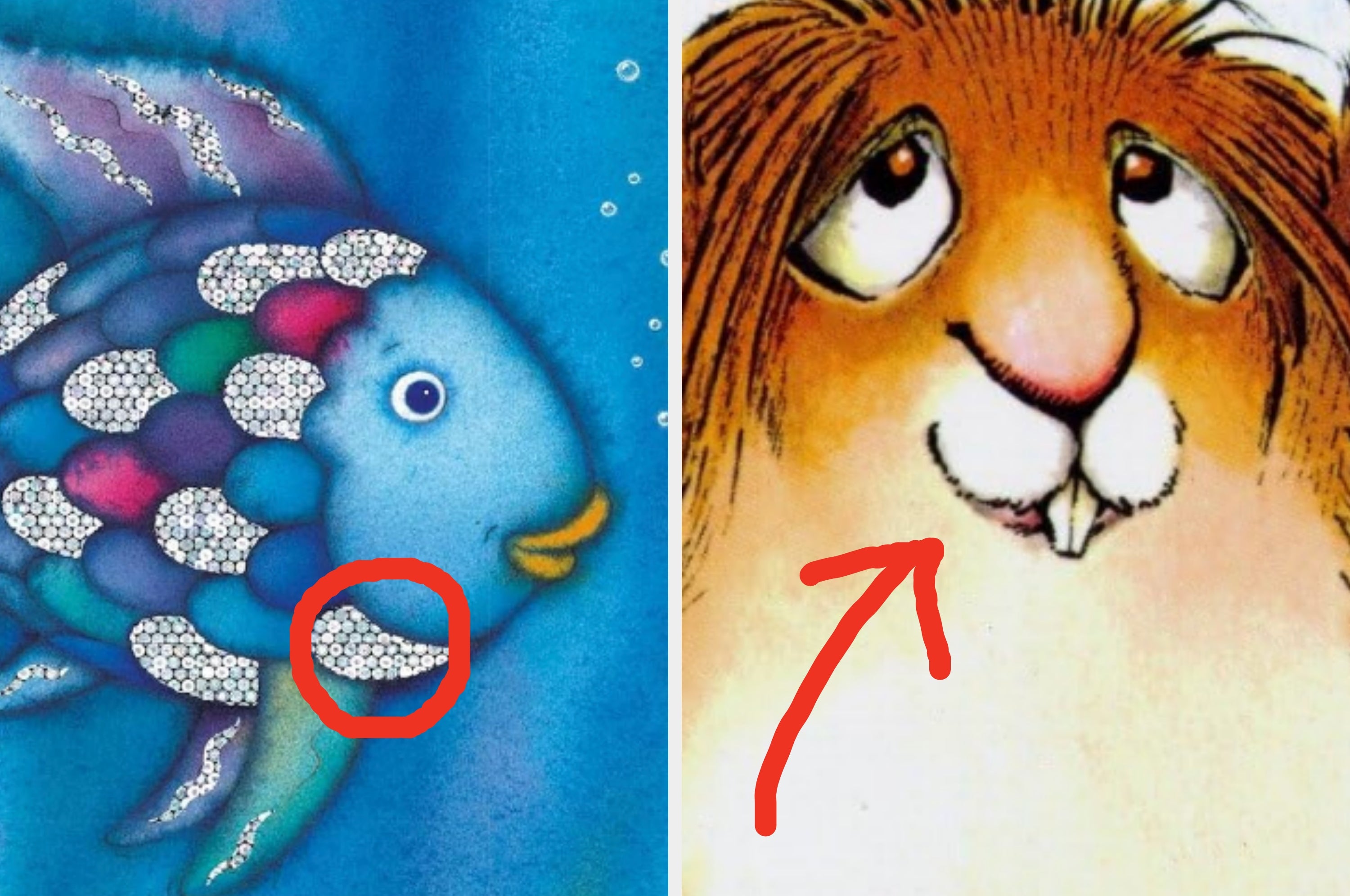 Illustrations of the Rainbow Fish with shiny scales and Little Critter with a curious expression
