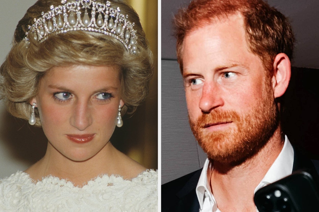 Two individuals side by side; one in formal attire and tiara, the other with a beard in a suit, appearing at a formal event