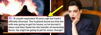 A surprised woman reacts to a dramatic story about a husband burning his house for ownership revenge, included in a "Sex & Love" article