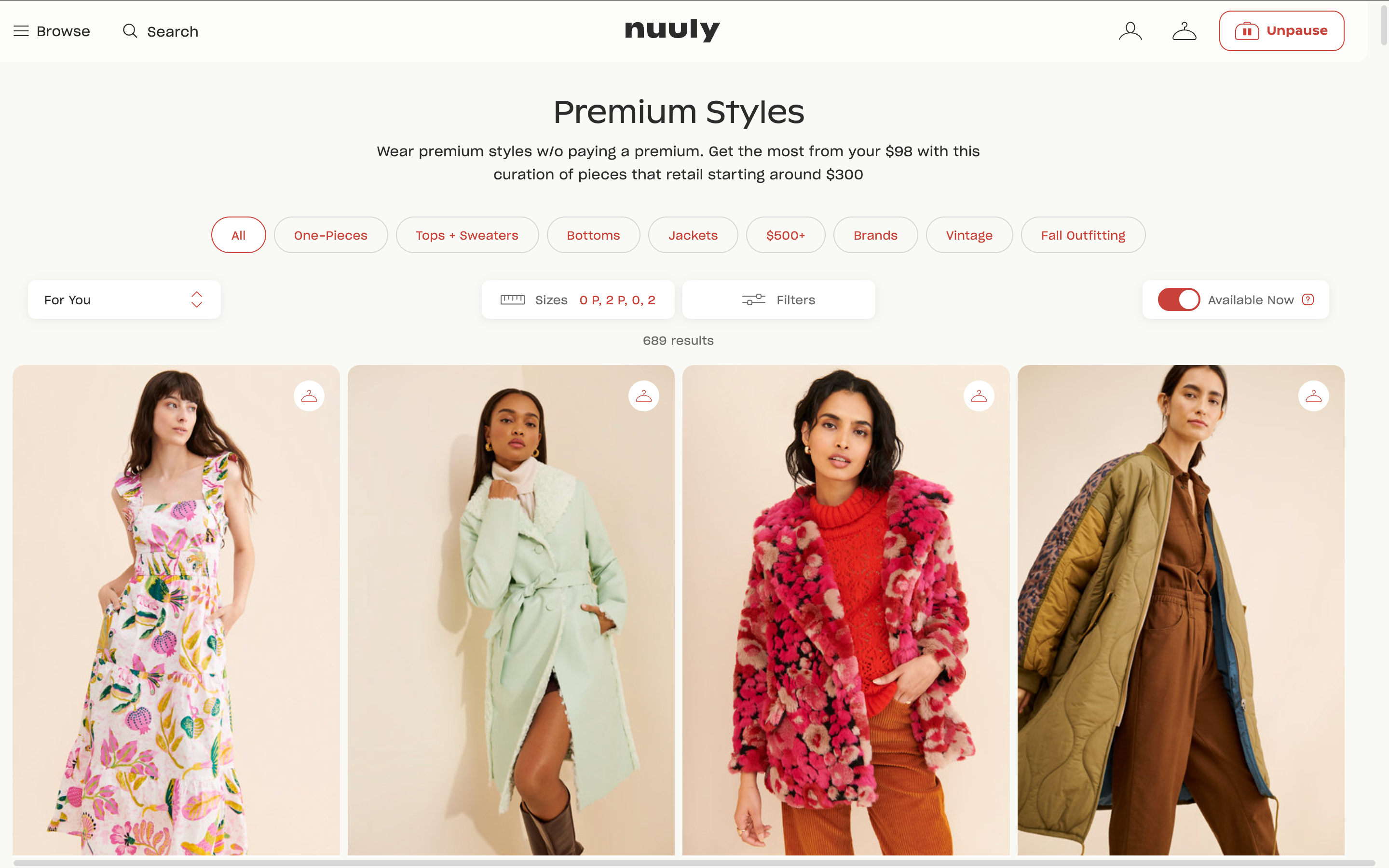 Four models showcasing "Premium Styles" clothing collection on a shopping website. Styles include a floral dress, mint coat, pink floral jacket, and quilted coa