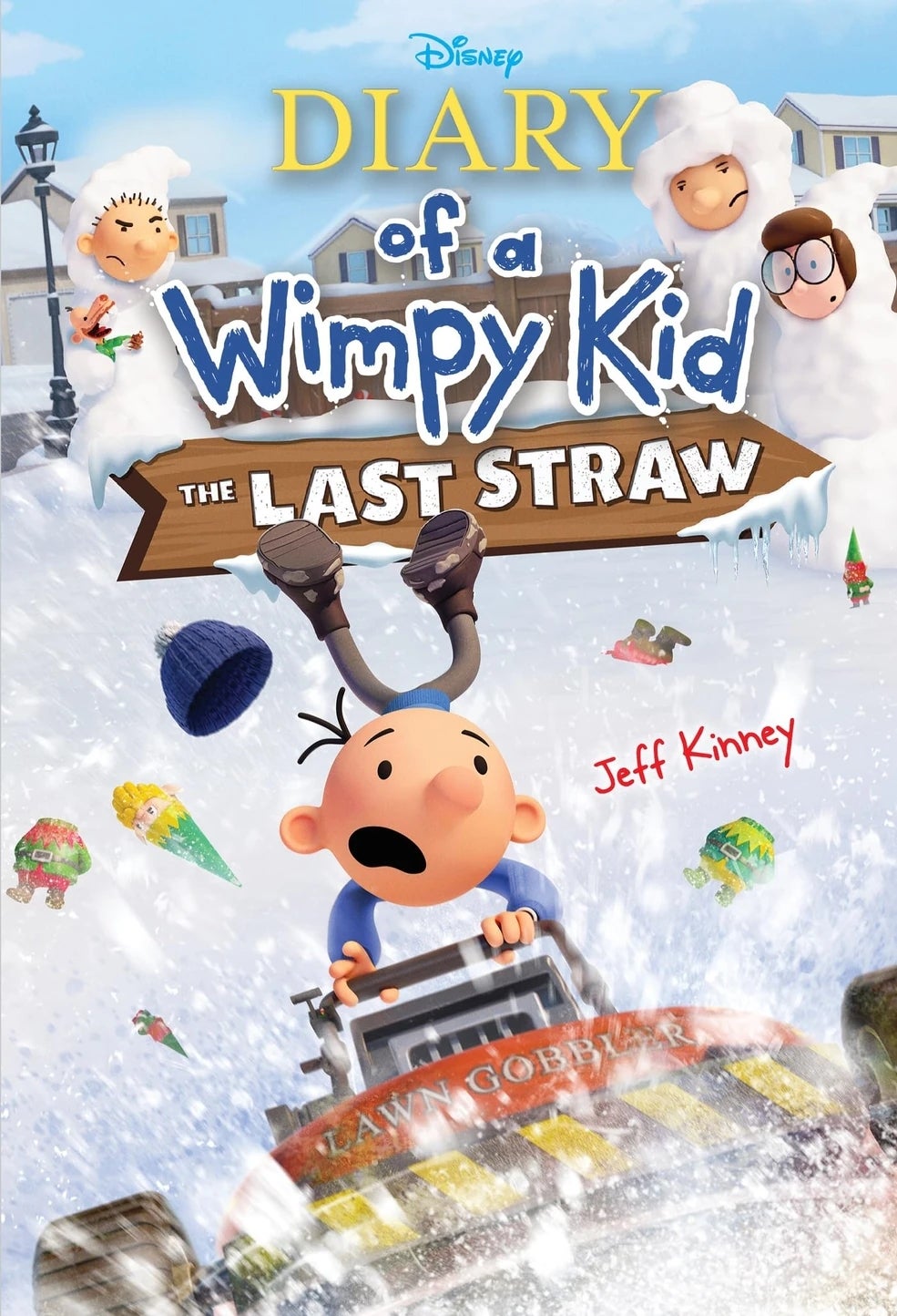 Cover of "Diary of a Wimpy Kid: The Last Straw" by Jeff Kinney, showing cartoon character Greg sledding with snow and obstacles around him