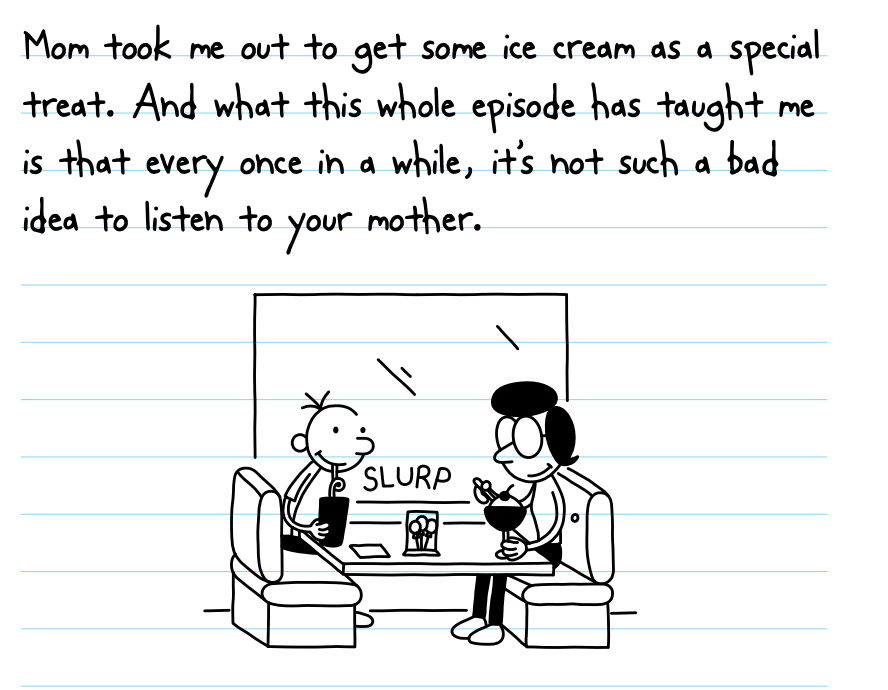 Comic of a boy and his mom eating ice cream. The boy reflects that listening to his mother can sometimes be a good idea