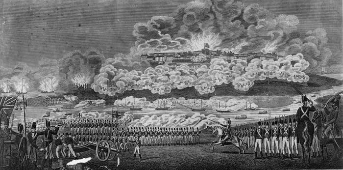 A historic illustration depicting a military battle scene with soldiers, cannons, and smoke-filled sky.