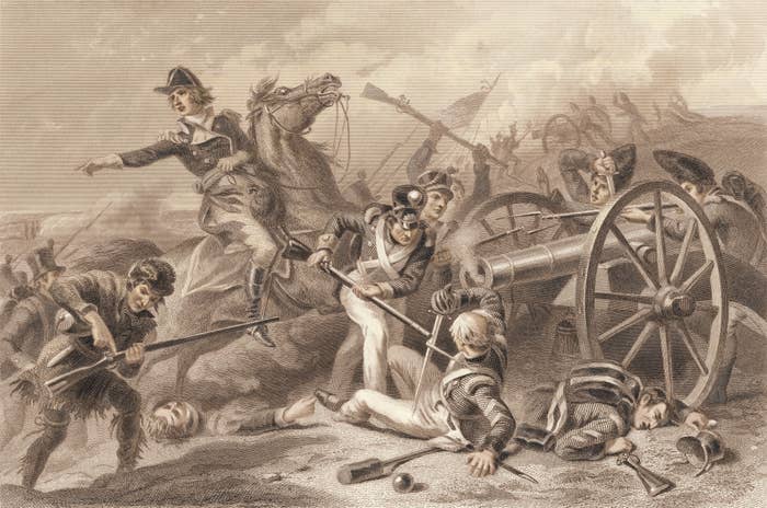 Historical battle scene with soldiers operating a cannon, displaying chaos and urgency in the midst of combat