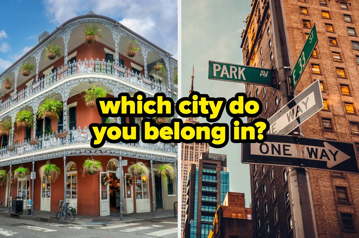 Split image of a building in New Orleans, and street signs and buildings in NYC, text overlay: which city do you belong in?