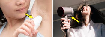 Left: A woman applying antiperspirant. Right: A woman using a hair dryer