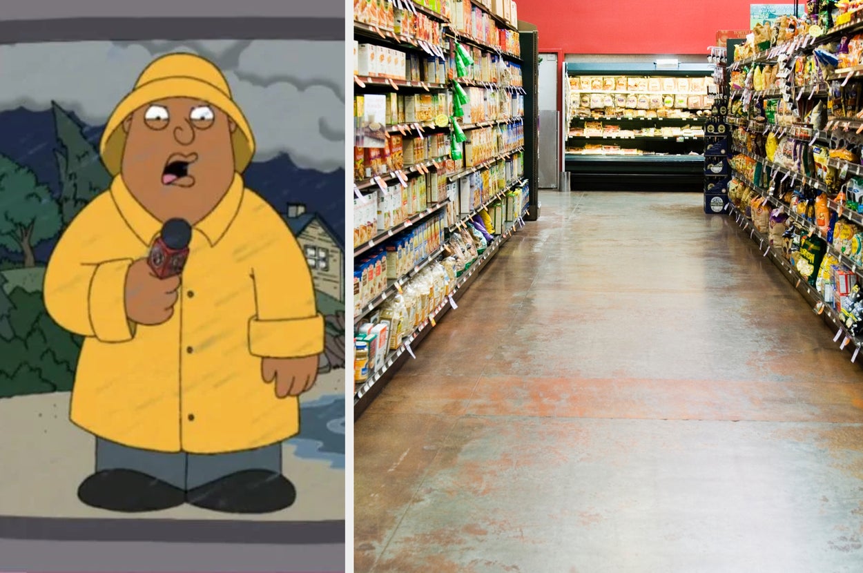 A cartoon character in a raincoat reports news, next to a grocery store aisle with stocked shelves