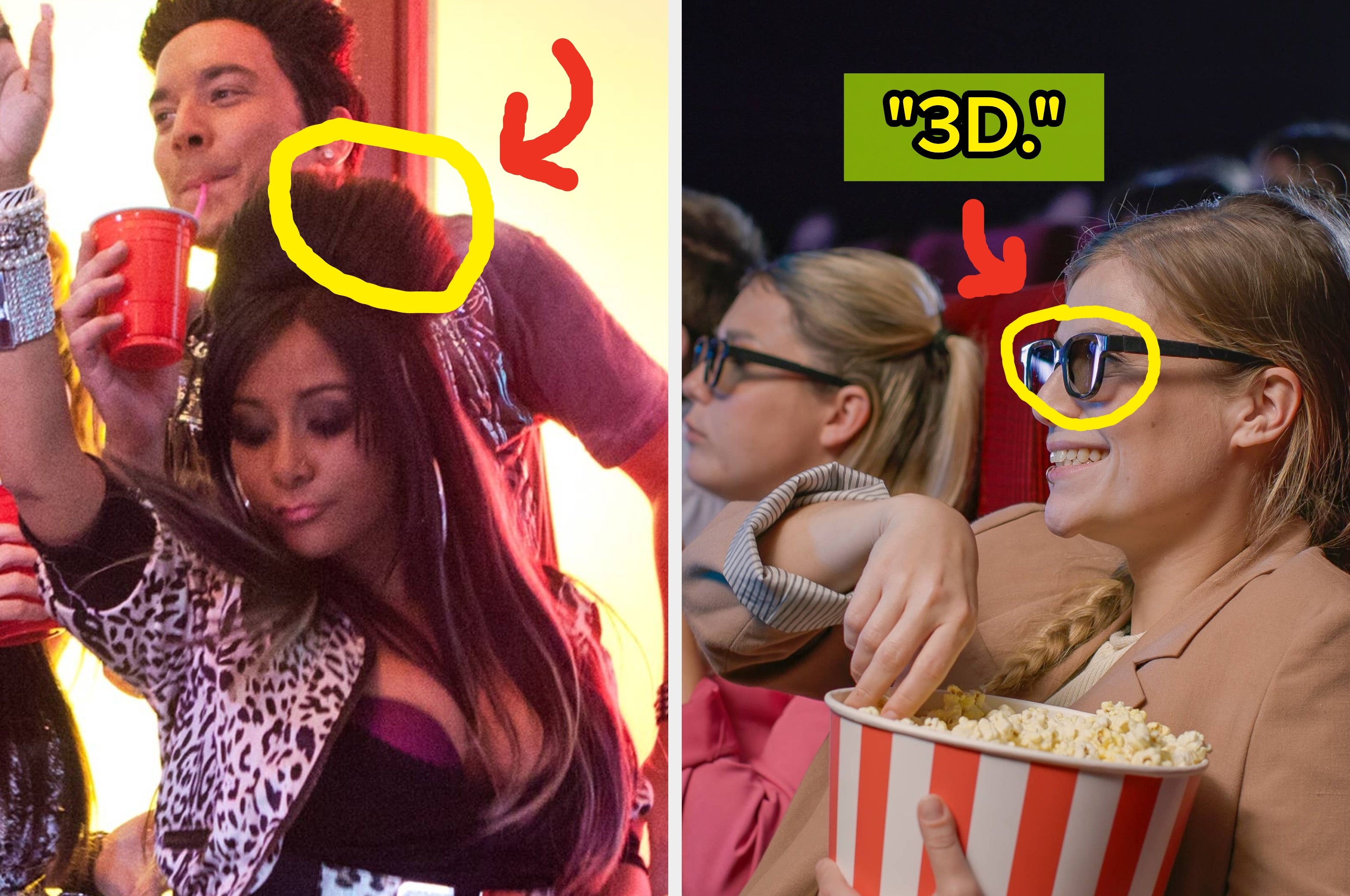 On the left, Snooki with voluminous hair and leopard print attire holds a red cup. On the right, a person with 3D glasses holds popcorn