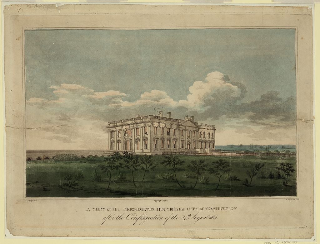Historical illustration of the President's House in Washington after the August 24, 1814, conflagration. The building is visibly damaged
